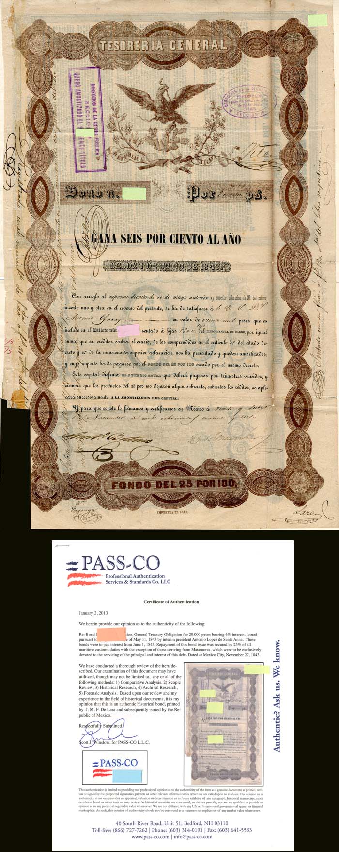 "Black Eagle" - 1843 dated 20,000 Pesos Tesoreria General Mexican Bond - Mexico  - PRICE UPON REQUEST